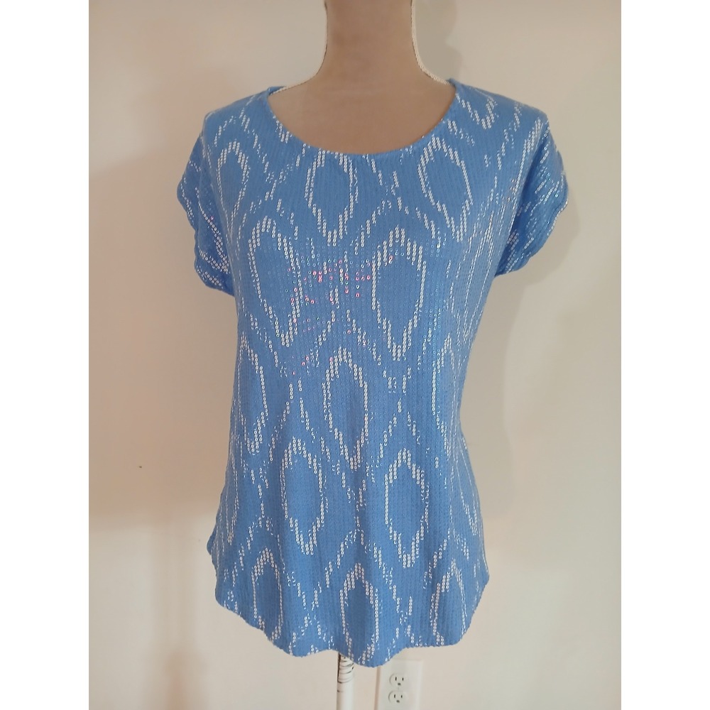 Crosby Women Blue Sequined Geometric Diamond Short Sleeve Rayon Top Size Medium